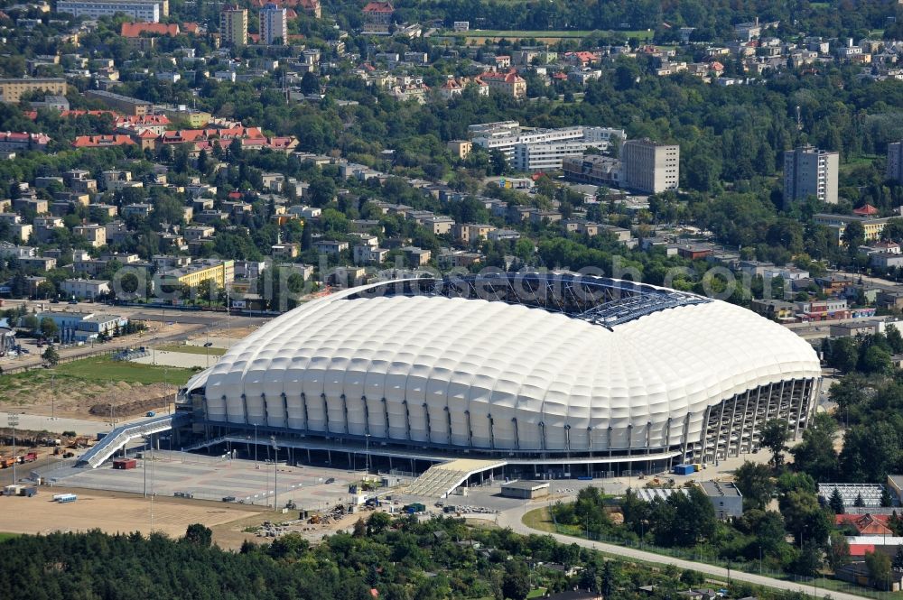 Aerial image Poznan - Sports facility grounds of the Arena stadium Stadion Miejski - INEA Stadion in the district Grunwald in Poznan - Posen in Wielkopolskie, Poland