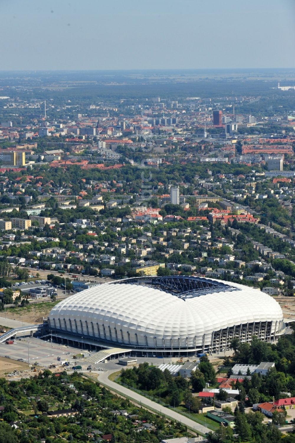 Poznan from above - Sports facility grounds of the Arena stadium Stadion Miejski - INEA Stadion in the district Grunwald in Poznan - Posen in Wielkopolskie, Poland