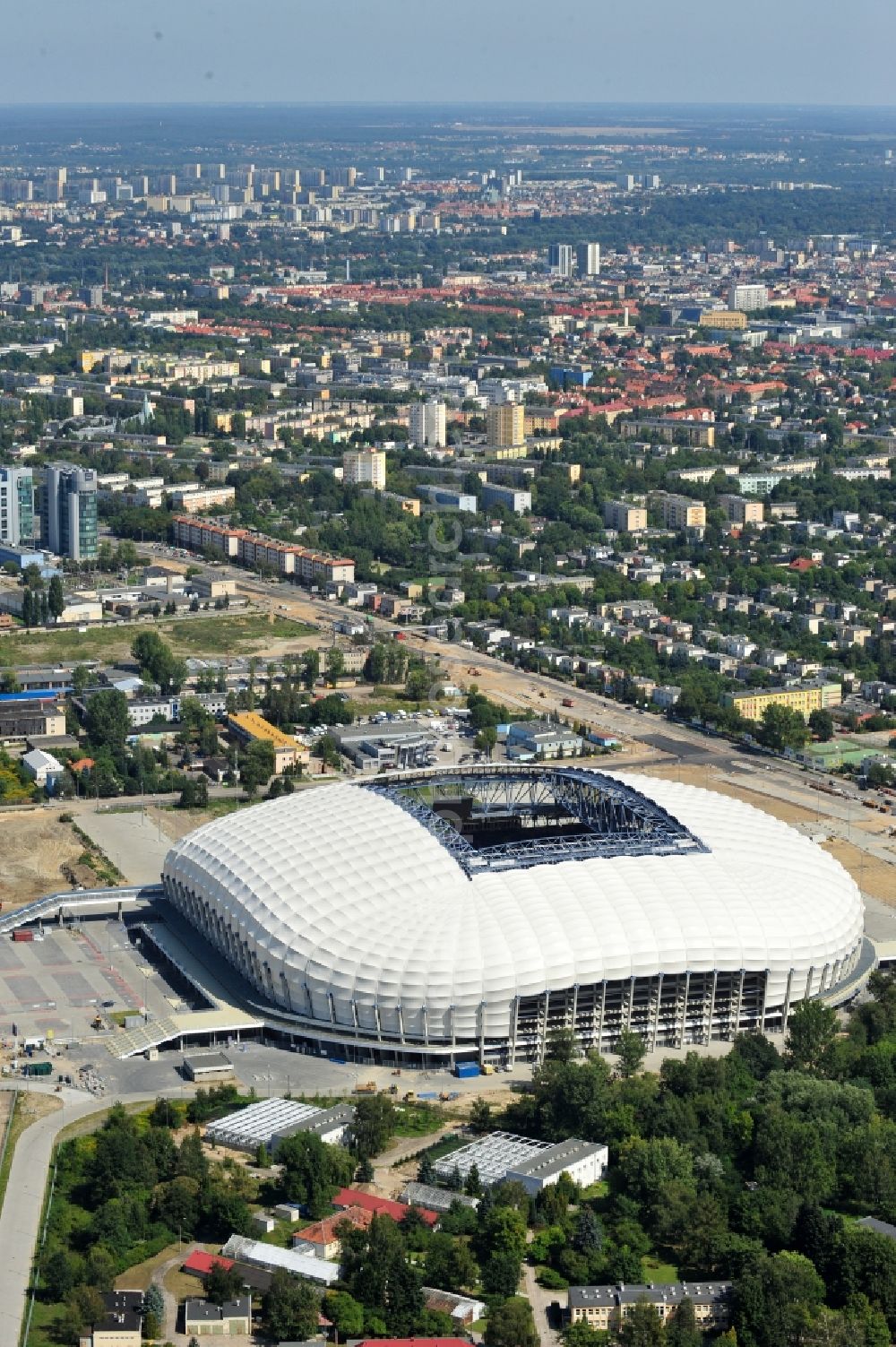 Aerial image Poznan - Sports facility grounds of the Arena stadium Stadion Miejski - INEA Stadion in the district Grunwald in Poznan - Posen in Wielkopolskie, Poland