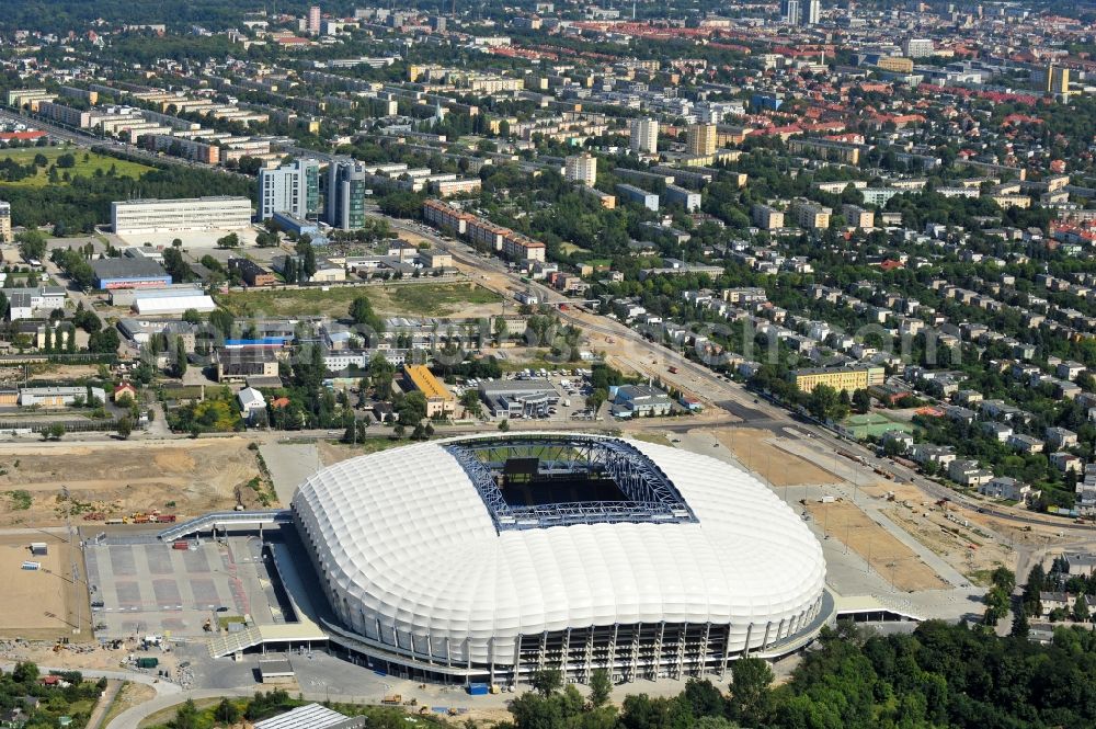 Poznan from above - Sports facility grounds of the Arena stadium Stadion Miejski - INEA Stadion in the district Grunwald in Poznan - Posen in Wielkopolskie, Poland