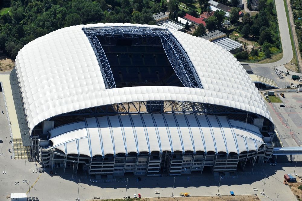 Poznan from above - Sports facility grounds of the Arena stadium Stadion Miejski - INEA Stadion in the district Grunwald in Poznan - Posen in Wielkopolskie, Poland