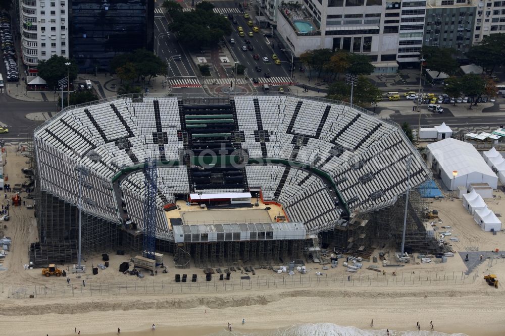 Rio de Janeiro from the bird's eye view: Arena of the volleyball stadium on Copacabana beach in front of the Summer Olympics of XXXI. Olympics in Rio de Janeiro in Brazil
