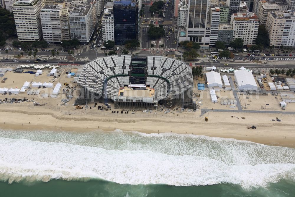 Aerial image Rio de Janeiro - Arena of the volleyball stadium on Copacabana beach in front of the Summer Olympics of XXXI. Olympics in Rio de Janeiro in Brazil