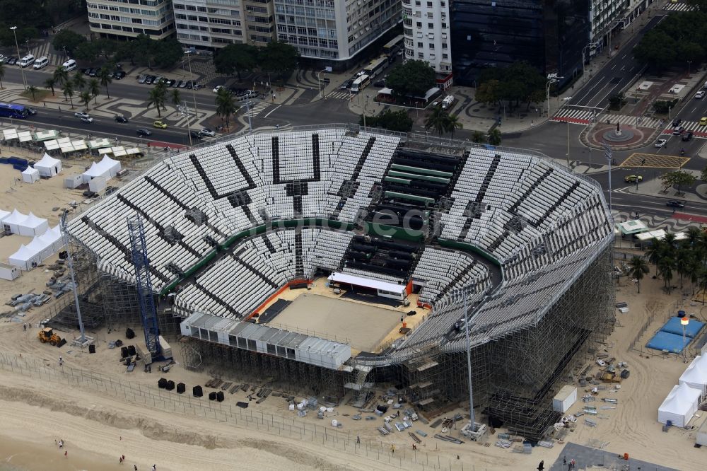 Rio de Janeiro from the bird's eye view: Arena of the volleyball stadium on Copacabana beach in front of the Summer Olympics of XXXI. Olympics in Rio de Janeiro in Brazil