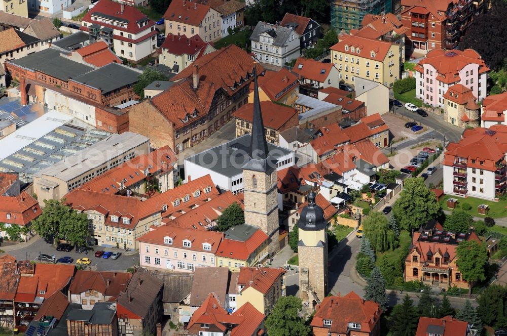 Arnstadt from above - Partial view of Arnstadt with view of the Jakobsturm, the Riedtor and Neutorturm in the state of Thuringia. The Riedtor completes the listed Riedplatz southward