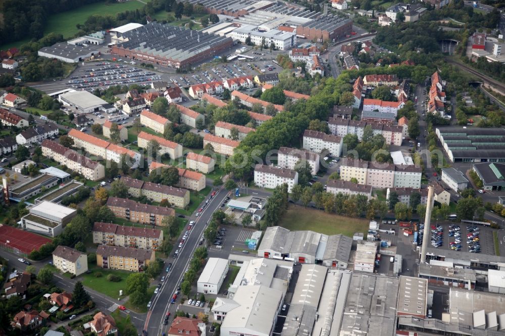 Aschaffenburg from the bird's eye view: District view of Aschaffenburg-Schweinheim with the commercial area Schweinheimer Strasse and Bahnweg in the state of Bavaria