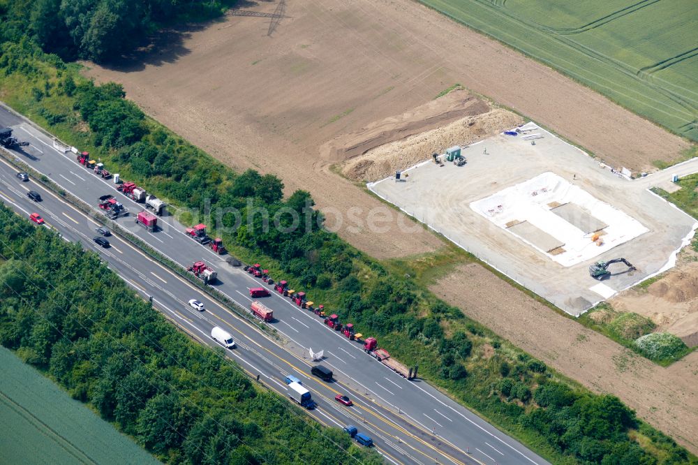 Aerial image Rosdorf - Motorway construction site to renew the asphalt surface on the route Autobahn A 7 in Rosdorf in the state Lower Saxony, Germany