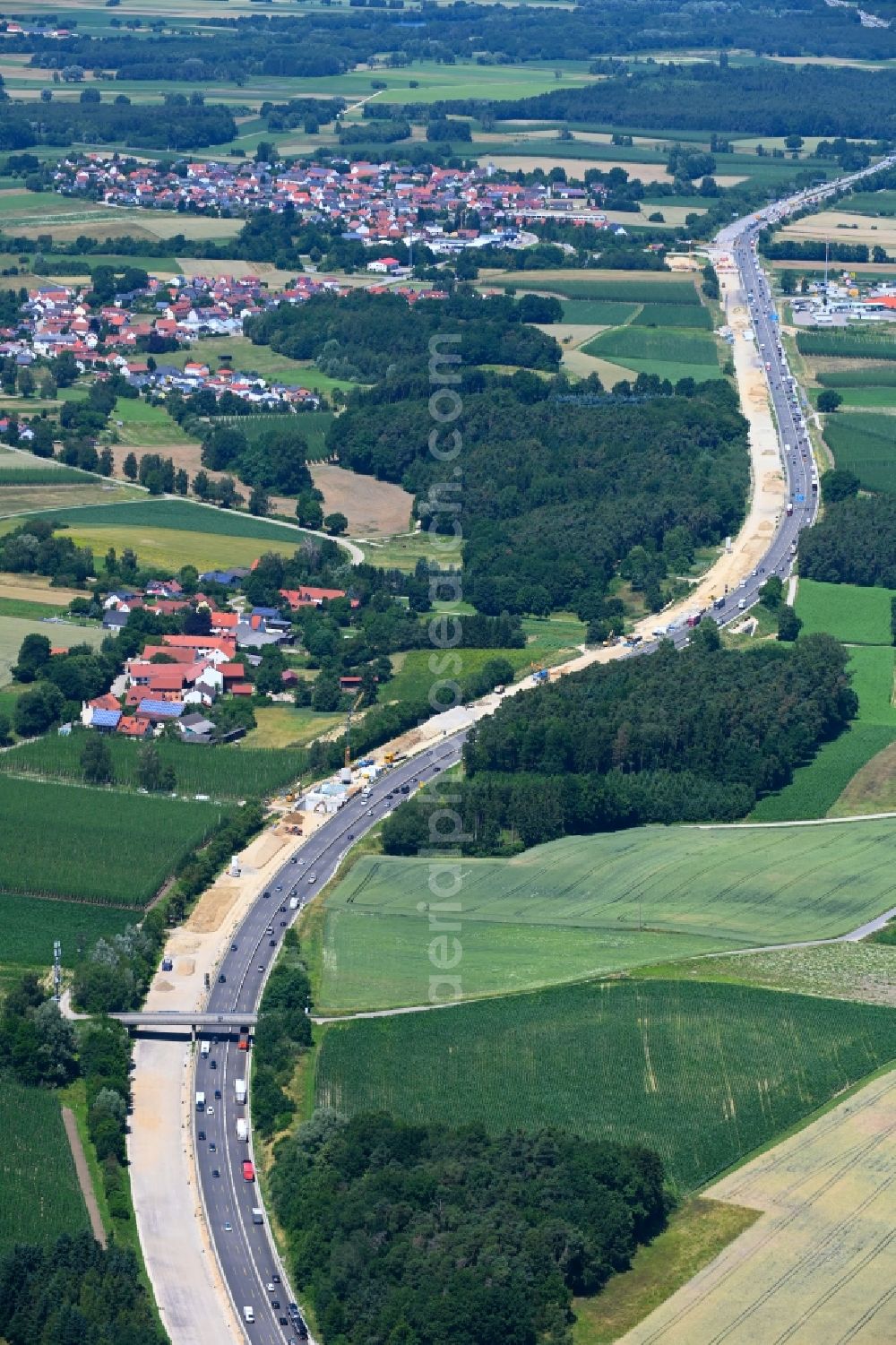 Ottersried from above - Motorway construction site to renew the asphalt surface on the route BAB A9 in Ottersried in the state Bavaria, Germany