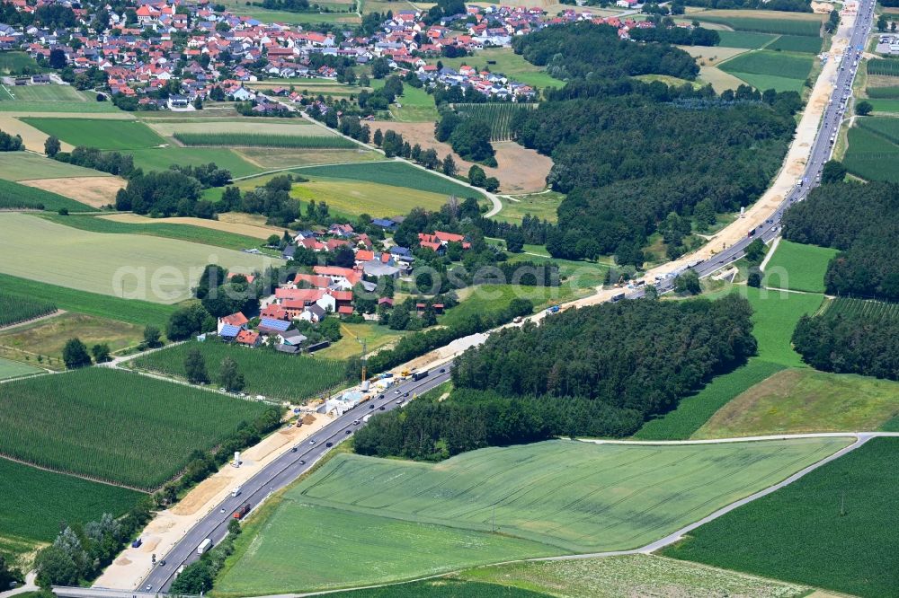 Aerial photograph Ottersried - Motorway construction site to renew the asphalt surface on the route BAB A9 in Ottersried in the state Bavaria, Germany