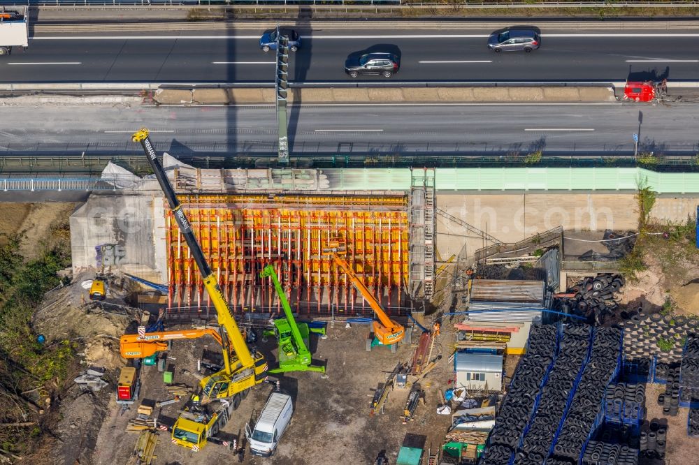 Aerial image Witten - Motorway construction site to renew the asphalt surface on the route of the A40 with repair work after a major fire of the local tire store in the district Hamme in Witten at Ruhrgebiet in the state North Rhine-Westphalia, Germany