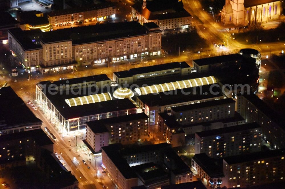 Magdeburg at night from above - Night lighting of the Allee Center in the district of Altstadt in Magdeburg in the state of Saxony-Anhalt