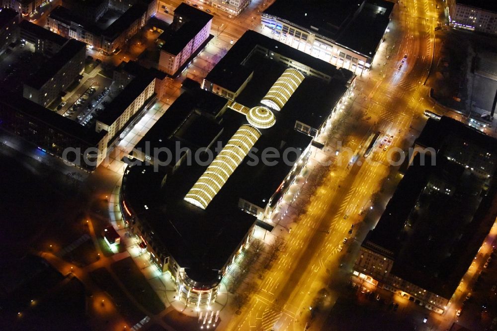 Magdeburg at night from above - Night lighting of the Allee Center in the district of Altstadt in Magdeburg in the state of Saxony-Anhalt