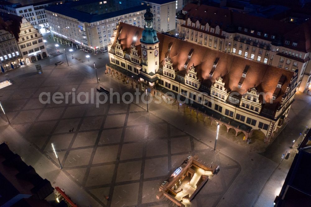 Aerial image at night Leipzig - Night lighting ensemble space an place Marktplatz on Alten Rathaus in the inner city center in the district Altstadt in Leipzig in the state Saxony, Germany