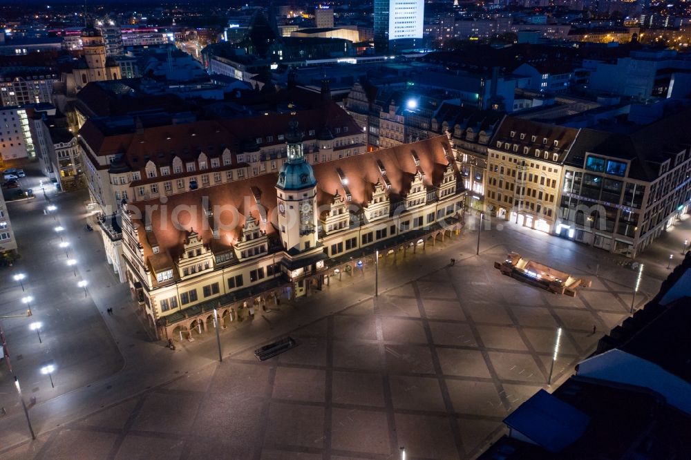 Leipzig at night from above - Night lighting ensemble space an place Marktplatz on Alten Rathaus in the inner city center in the district Altstadt in Leipzig in the state Saxony, Germany