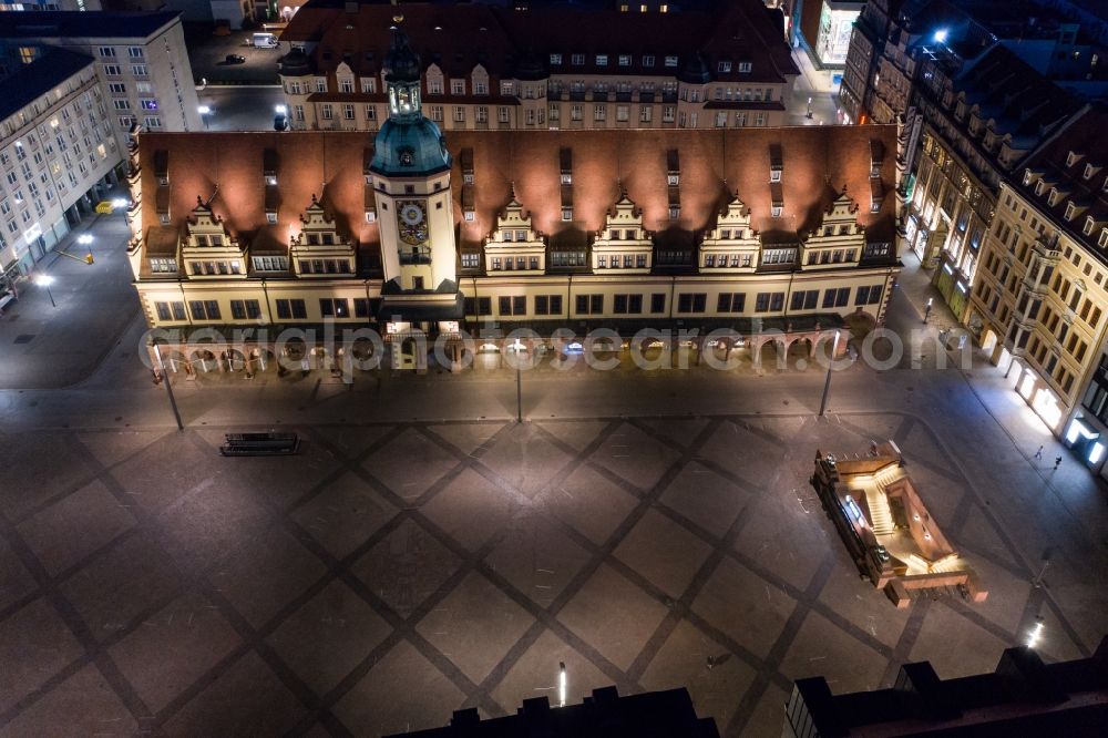 Aerial image at night Leipzig - Night lighting ensemble space an place Marktplatz on Alten Rathaus in the inner city center in the district Altstadt in Leipzig in the state Saxony, Germany