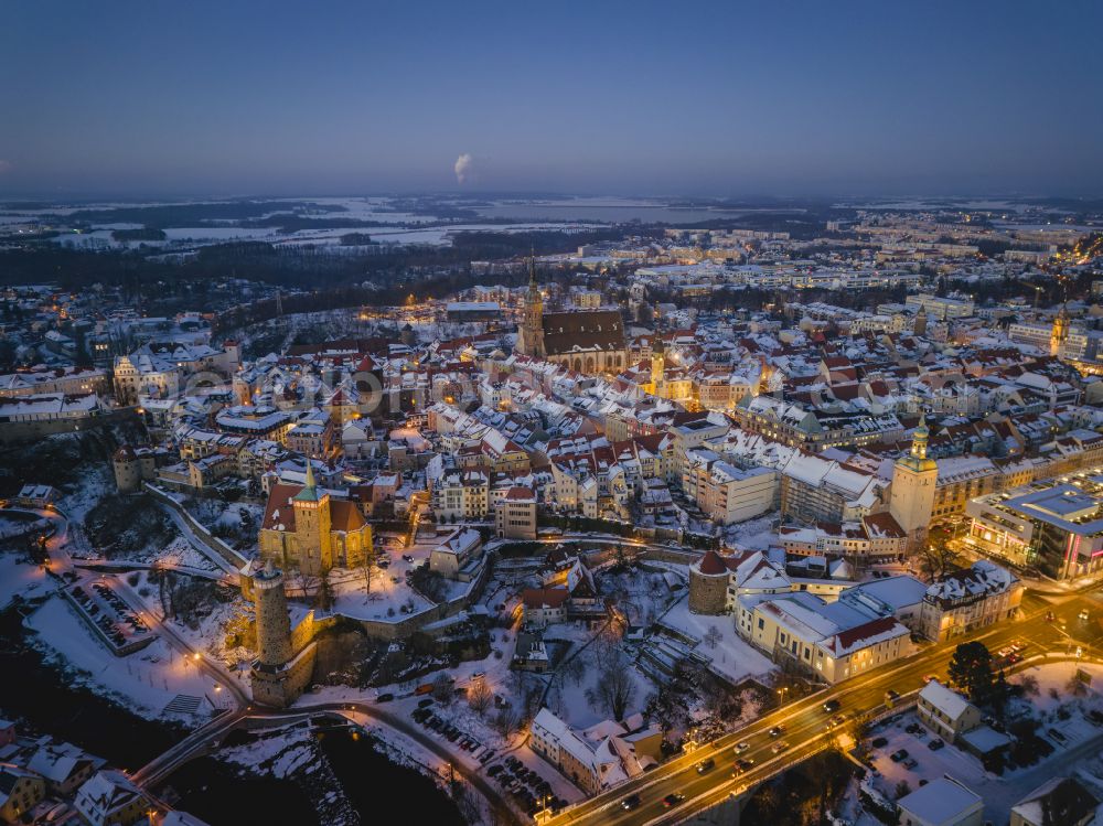 Bautzen at night from above - Night lighting old Town area and city center in Bautzen in the state Saxony, Germany