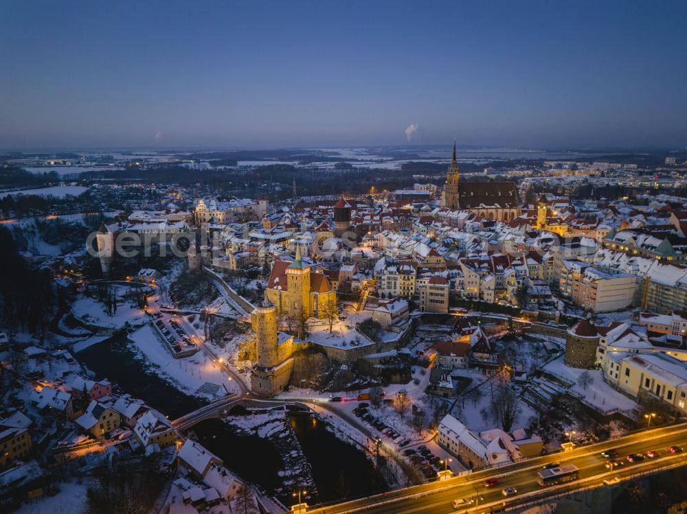 Aerial image at night Bautzen - Night lighting old Town area and city center in Bautzen in the state Saxony, Germany