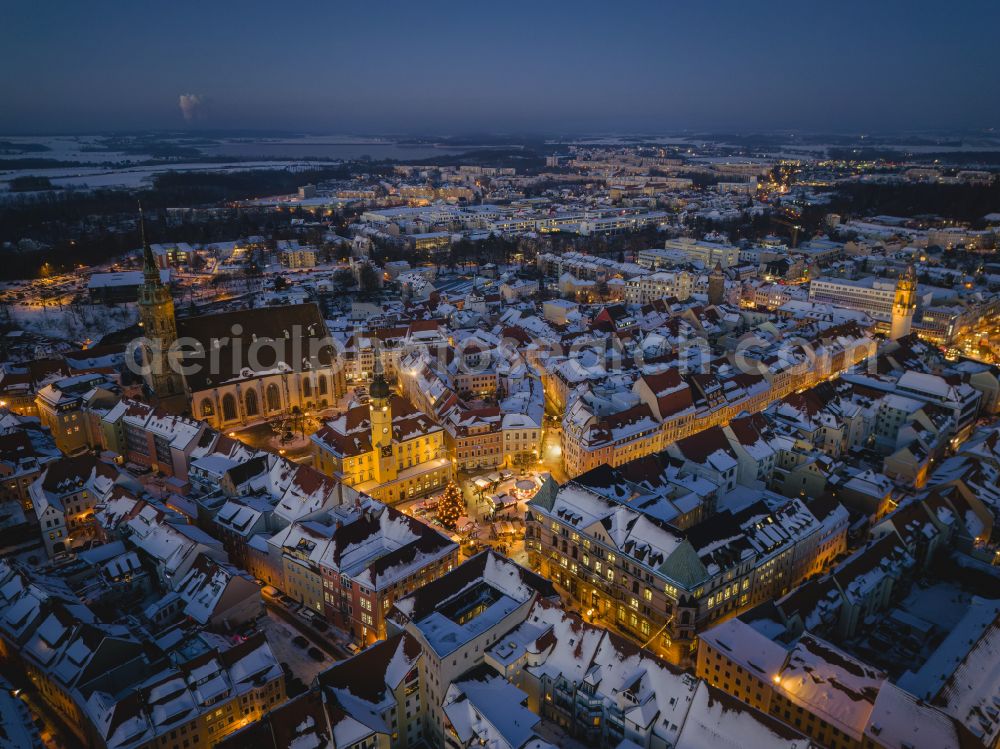 Bautzen at night from above - Night lighting old Town area and city center in Bautzen in the state Saxony, Germany