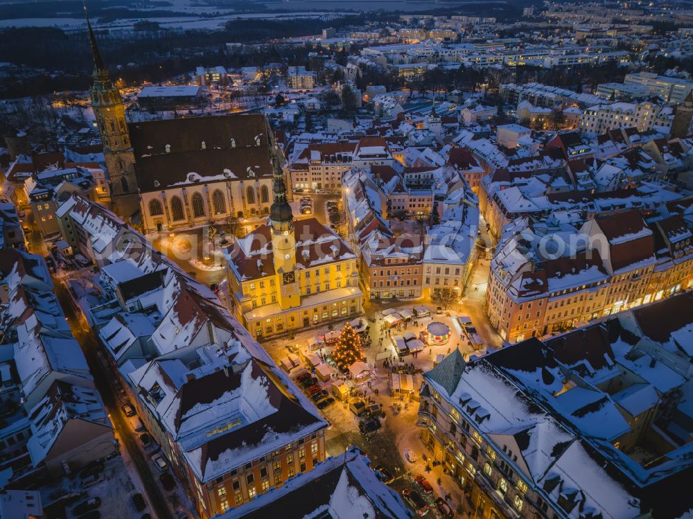 Bautzen at night from the bird perspective: Night lighting old Town area and city center in Bautzen in the state Saxony, Germany