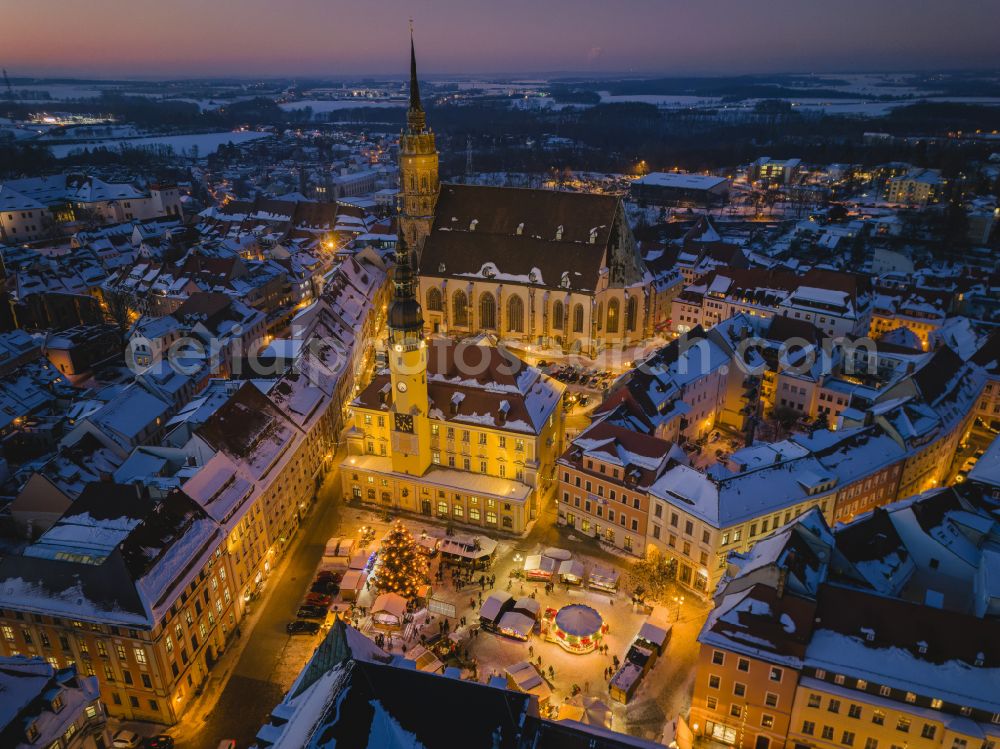 Aerial photograph at night Bautzen - Night lighting old Town area and city center in Bautzen in the state Saxony, Germany