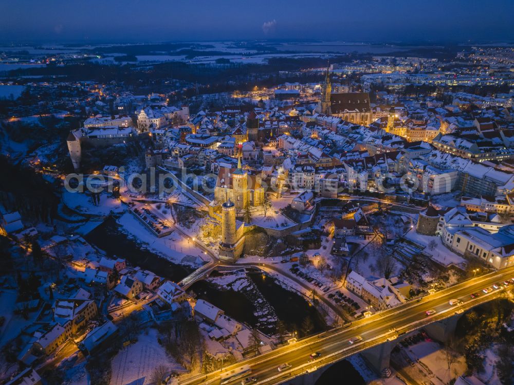 Aerial image at night Bautzen - Night lighting old Town area and city center in Bautzen in the state Saxony, Germany