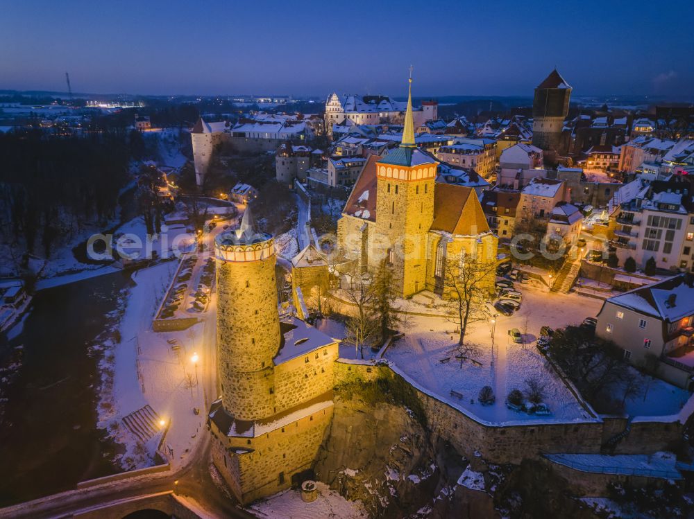 Bautzen at night from the bird perspective: Night lighting old Town area and city center in Bautzen in the state Saxony, Germany