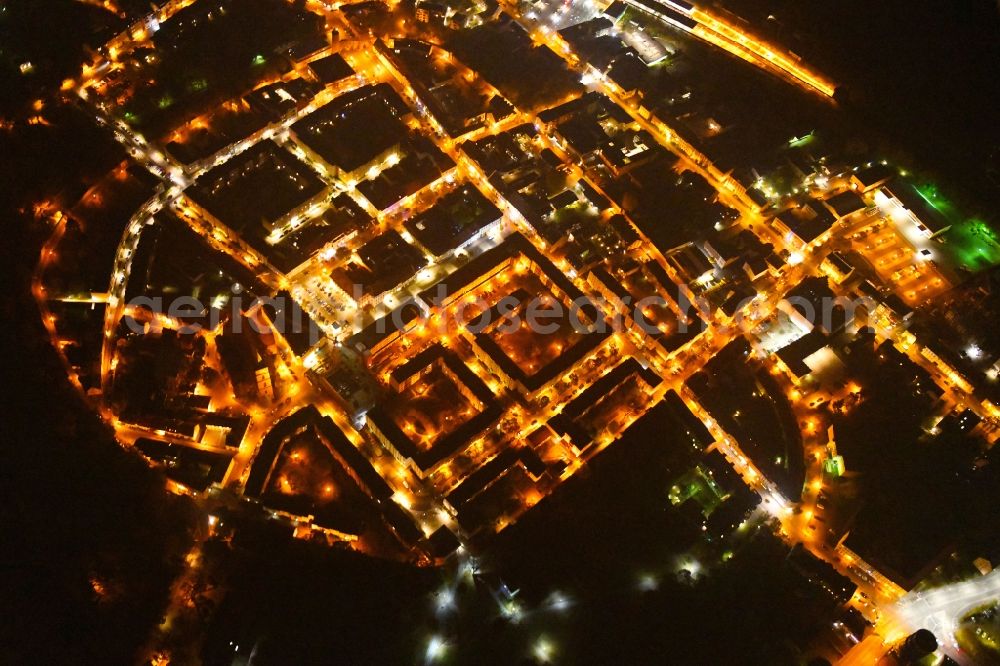 Aerial image at night Bernau - Night lighting Old Town area and city center in Bernau in the state Brandenburg, Germany