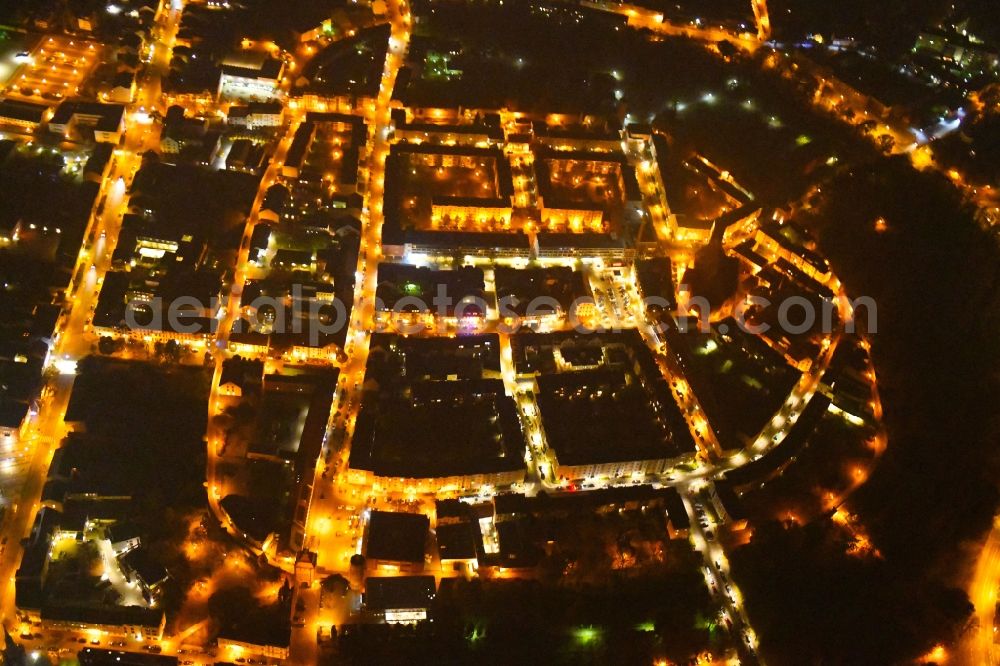 Bernau at night from above - Night lighting Old Town area and city center in Bernau in the state Brandenburg, Germany