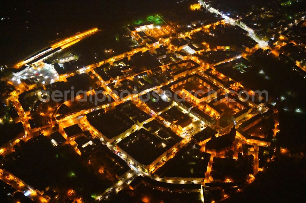 Aerial photograph at night Bernau - Night lighting Old Town area and city center in Bernau in the state Brandenburg, Germany