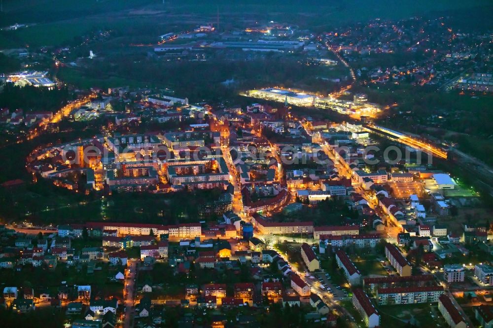 Bernau at night from above - Night lighting old Town area and city center in Bernau in the state Brandenburg, Germany