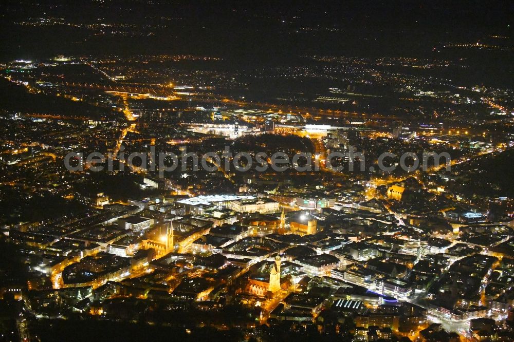 Aerial image at night Braunschweig - Night lighting Old Town area and city center in Brunswick in the state Lower Saxony, Germany