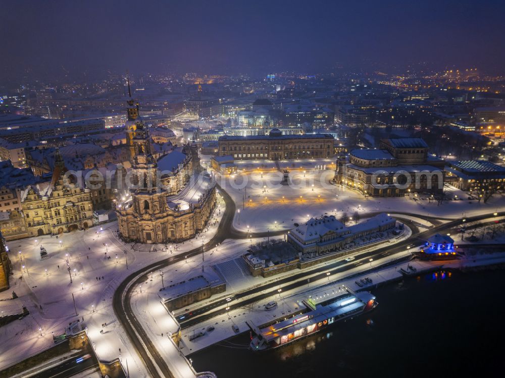 Aerial photograph at night Dresden - Night lighting old Town area and city center on street Terrassenufer in the district Altstadt in Dresden in the state Saxony, Germany