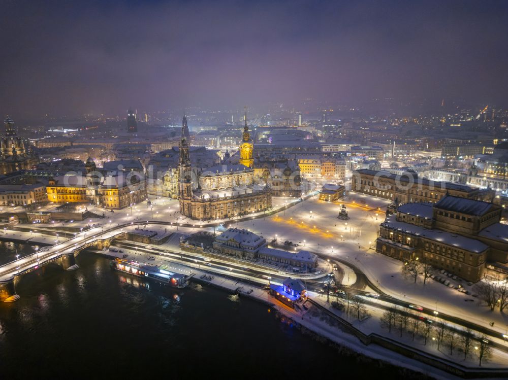 Aerial image at night Dresden - Night lighting old Town area and city center on street Terrassenufer in the district Altstadt in Dresden in the state Saxony, Germany