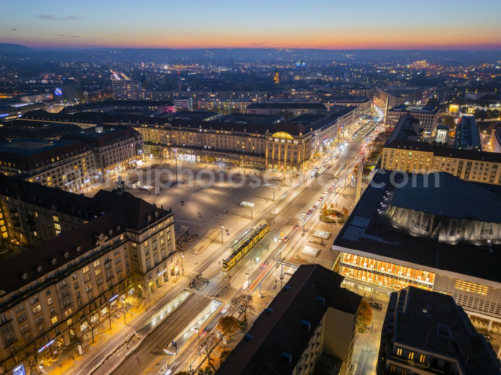 Aerial image at night Dresden - Night lighting old Town area and city center on street Wilsdruffer Strasse in the district Altstadt in Dresden in the state Saxony, Germany