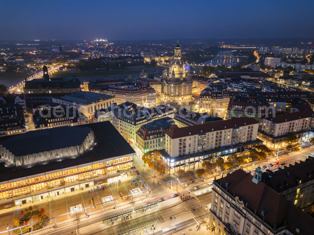 Aerial image at night Dresden - Night lighting old Town area and city center on street Wilsdruffer Strasse in the district Altstadt in Dresden in the state Saxony, Germany