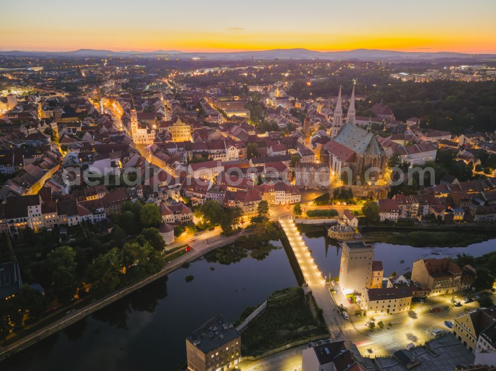 Görlitz at night from above - Night lighting old Town area and city center on the banks of the Neisse in Goerlitz in the state Saxony, Germany