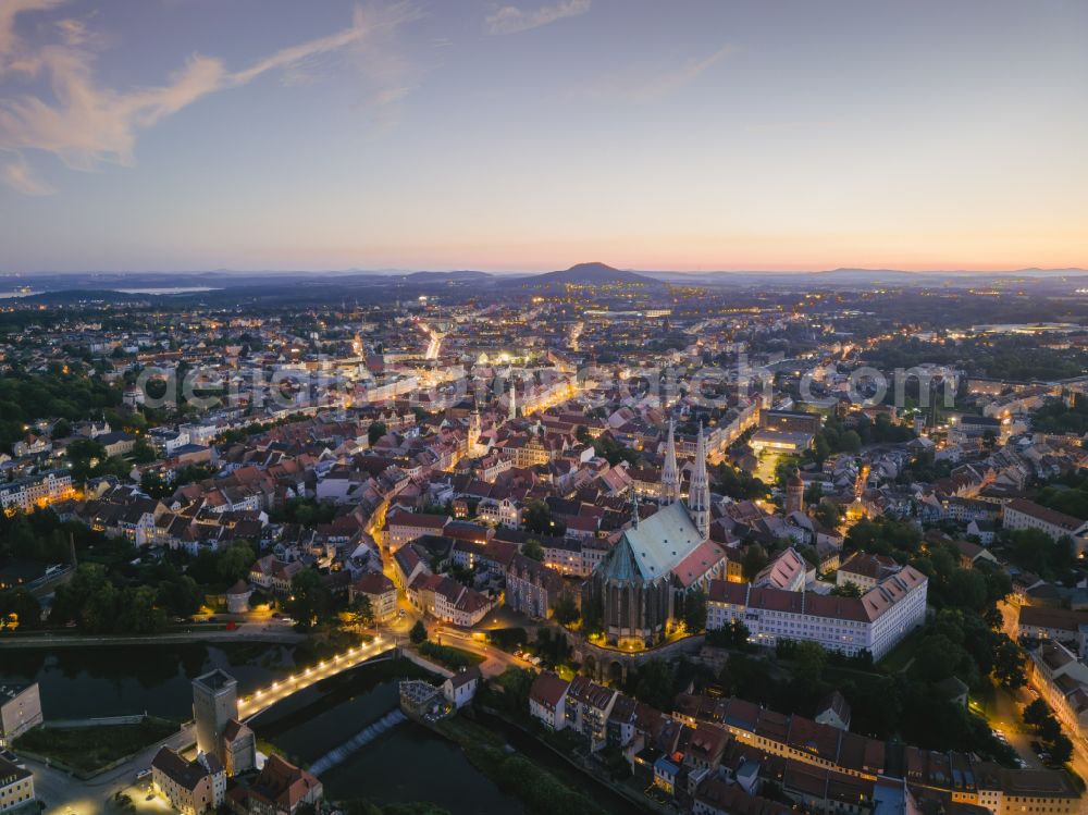 Görlitz at night from the bird perspective: Night lighting old Town area and city center on the banks of the Neisse in Goerlitz in the state Saxony, Germany