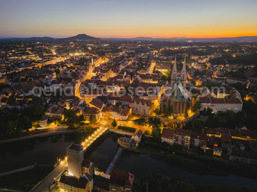 Görlitz at night from above - Night lighting old Town area and city center on the banks of the Neisse in Goerlitz in the state Saxony, Germany