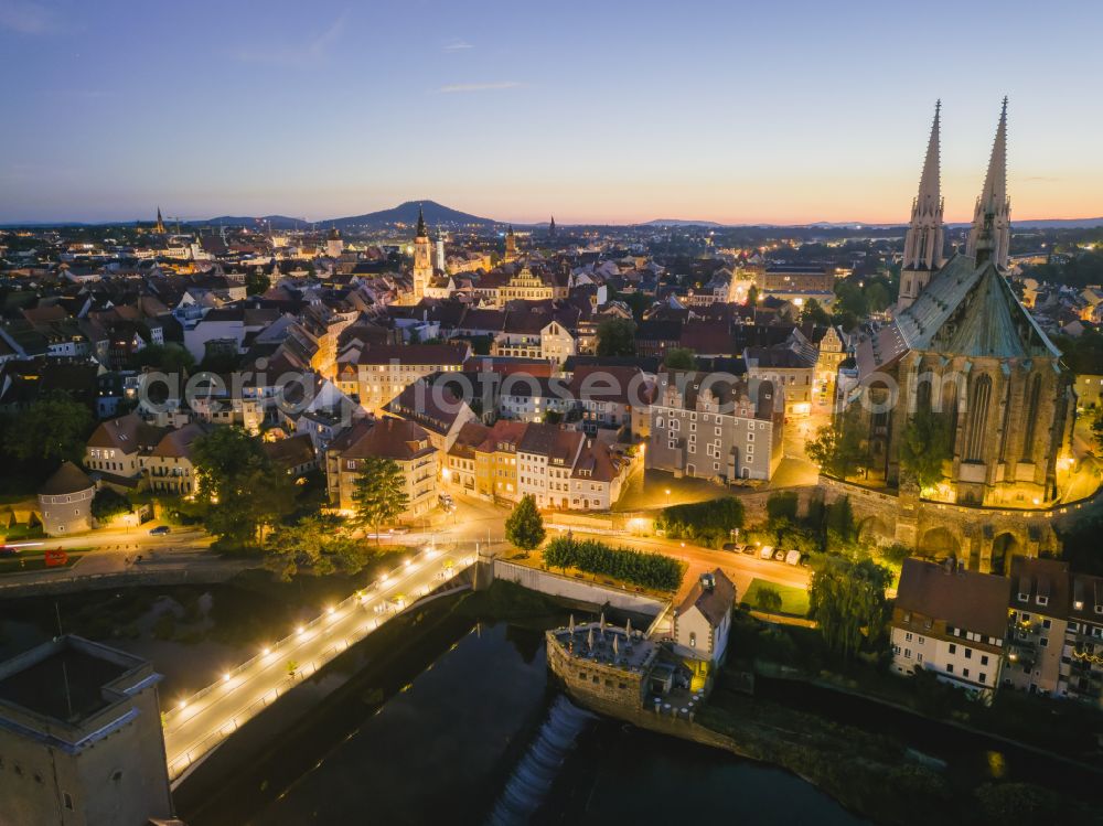 Görlitz at night from the bird perspective: Night lighting old Town area and city center on the banks of the Neisse in Goerlitz in the state Saxony, Germany