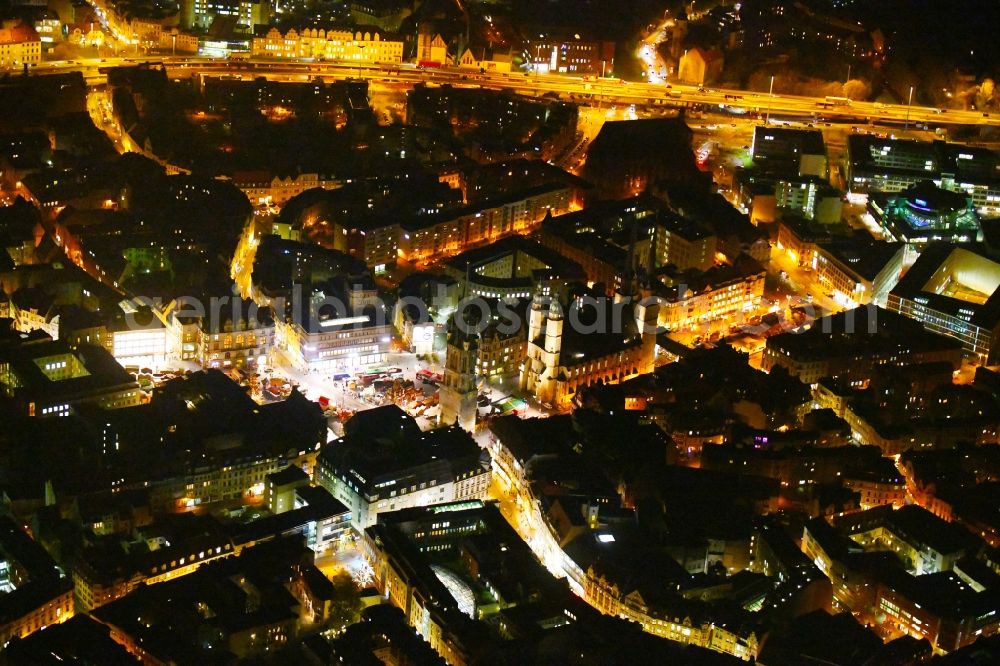 Halle (Saale) at night from above - Night lighting Old Town area and city center with Marktkirche Unser lieben Frauen, Marienkirche, Roter Turm and Marktplatz in the district Mitte in Halle (Saale) in the state Saxony-Anhalt, Germany