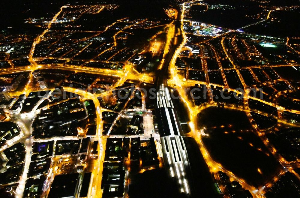 Erfurt at night from above - Night lighting Old Town area and city center on Central Station in Erfurt in the state Thuringia, Germany