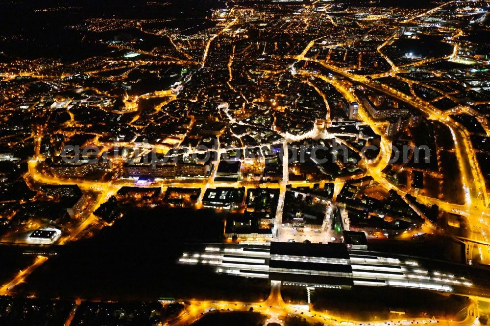 Aerial image at night Erfurt - Night lighting Old Town area and city center on Central Station in Erfurt in the state Thuringia, Germany