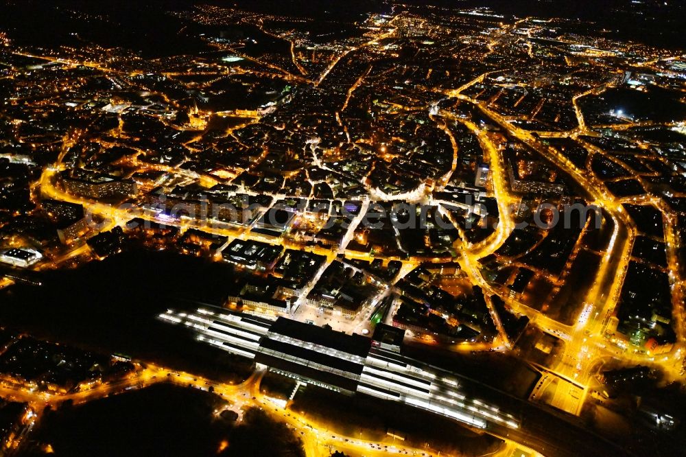 Erfurt at night from above - Night lighting Old Town area and city center on Central Station in Erfurt in the state Thuringia, Germany