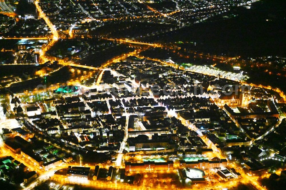 Ingolstadt at night from the bird perspective: Night lighting old Town area and city center in Ingolstadt in the state Bavaria, Germany