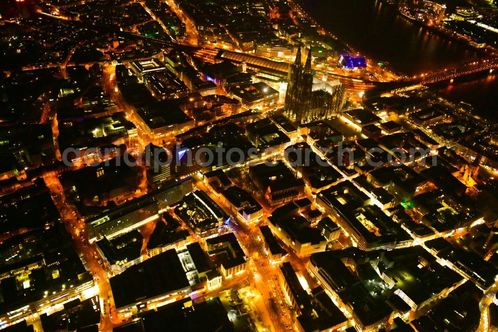 Köln at night from the bird perspective: Night lighting old Town area and city center in Cologne in the state North Rhine-Westphalia, Germany