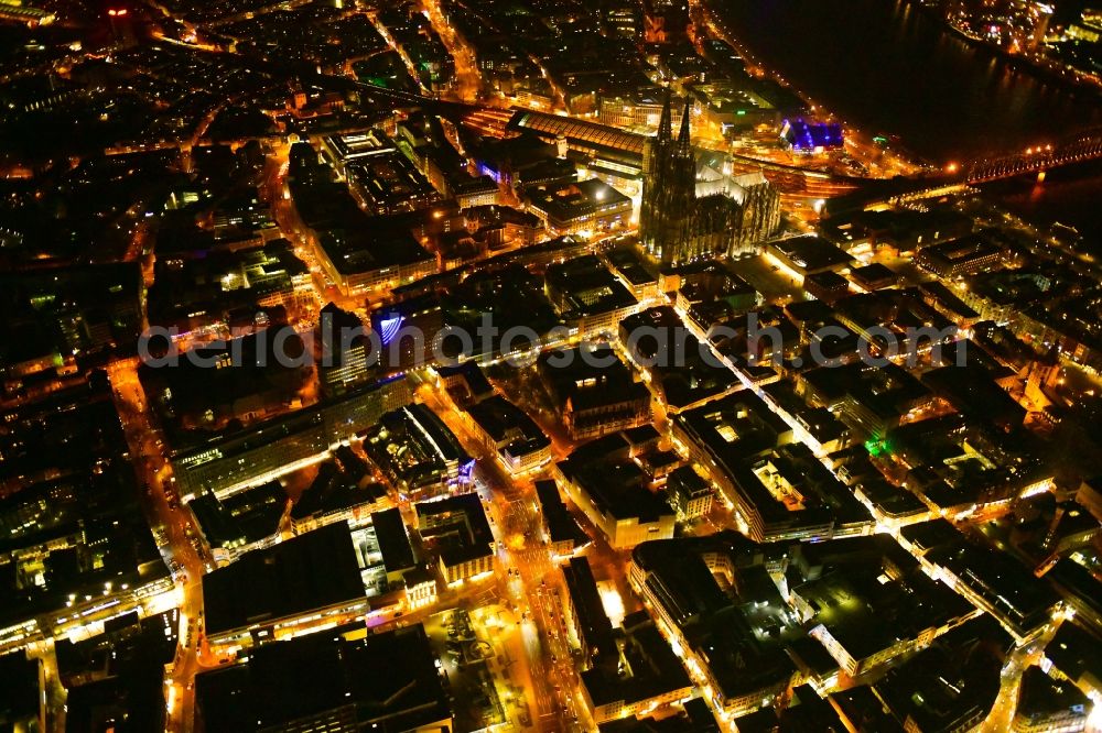 Aerial image at night Köln - Night lighting old Town area and city center in Cologne in the state North Rhine-Westphalia, Germany