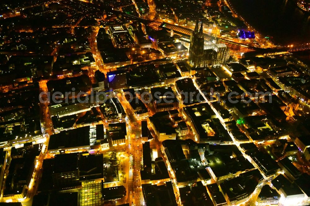 Köln at night from above - Night lighting old Town area and city center in Cologne in the state North Rhine-Westphalia, Germany