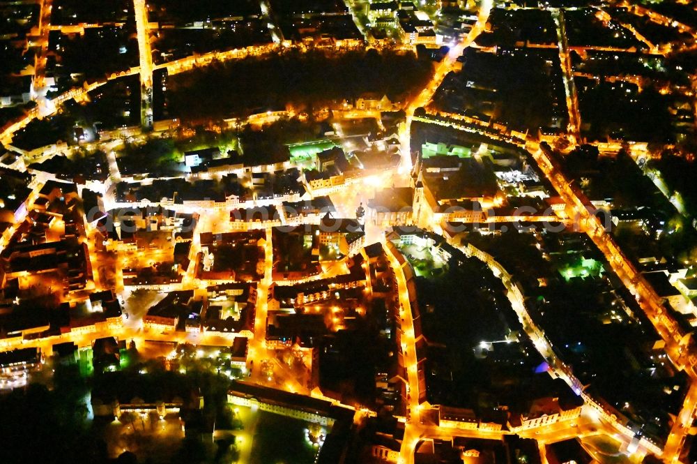 Aerial photograph at night Köthen (Anhalt) - Night lighting old Town area and city center in Koethen (Anhalt) in the state Saxony-Anhalt, Germany