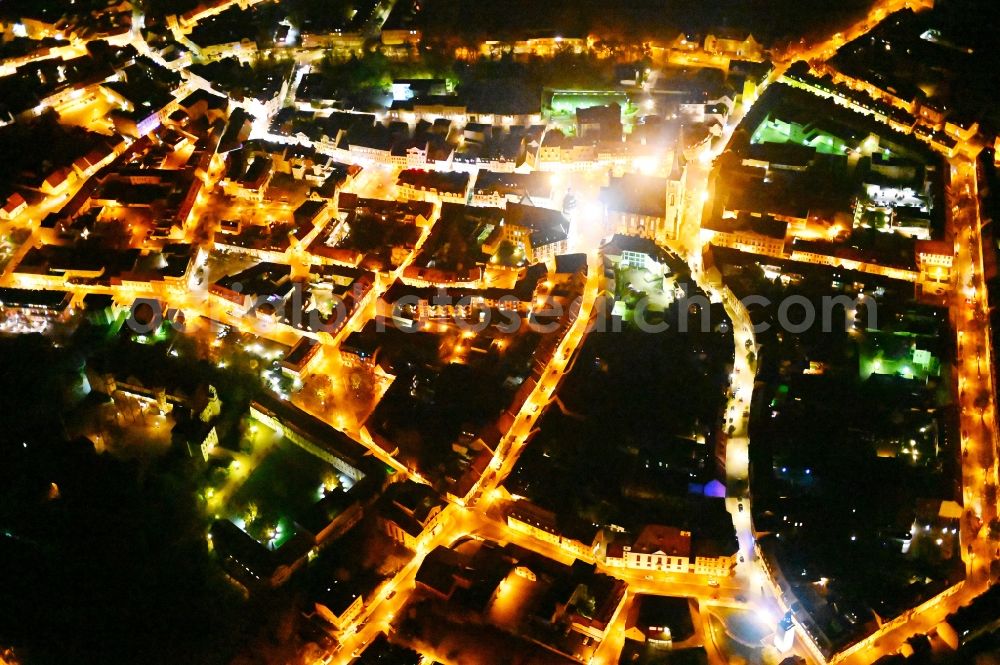 Köthen (Anhalt) at night from above - Night lighting old Town area and city center in Koethen (Anhalt) in the state Saxony-Anhalt, Germany