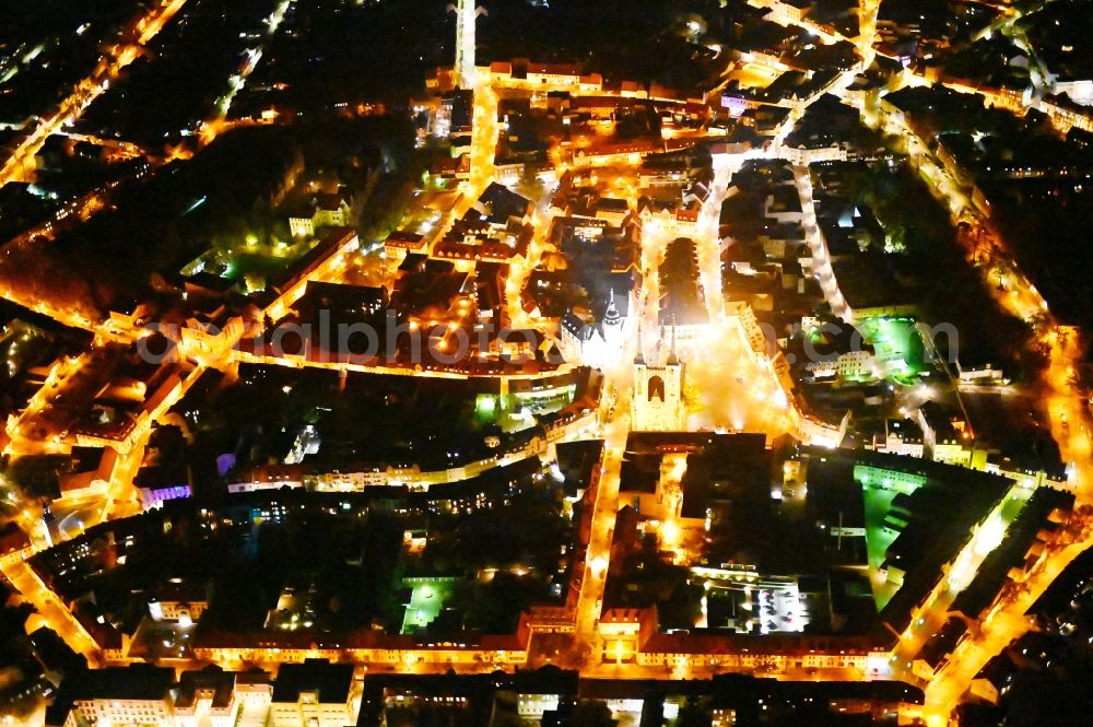 Aerial image at night Köthen (Anhalt) - Night lighting old Town area and city center in Koethen (Anhalt) in the state Saxony-Anhalt, Germany